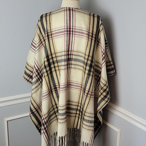 WOOLRICH Tan Black Tartan Plaid Preppy Fringe Blanket Drape Poncho Cape Wrap OS - Picture 4 of 6